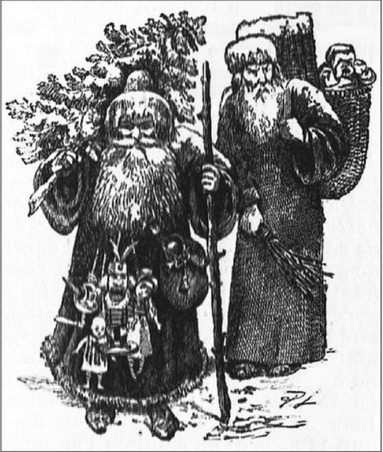 Bonhomme Noël et Père Fouettard, dans : “Histoire véridique du Père Noël, du traineau à la hotte”, Karin Ueltschi (Google Books)